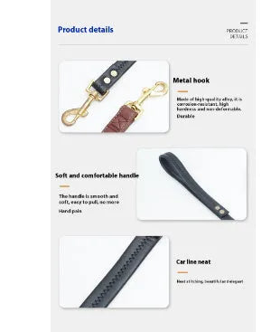 Black PU leather dog lead with traction rope showing adjustable length options for pet control