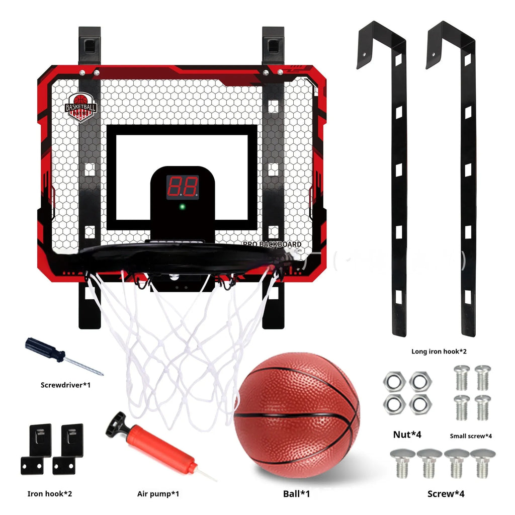 Red and blue folding indoor basketball frame with suction cups mounted on a door, showing dunking action.