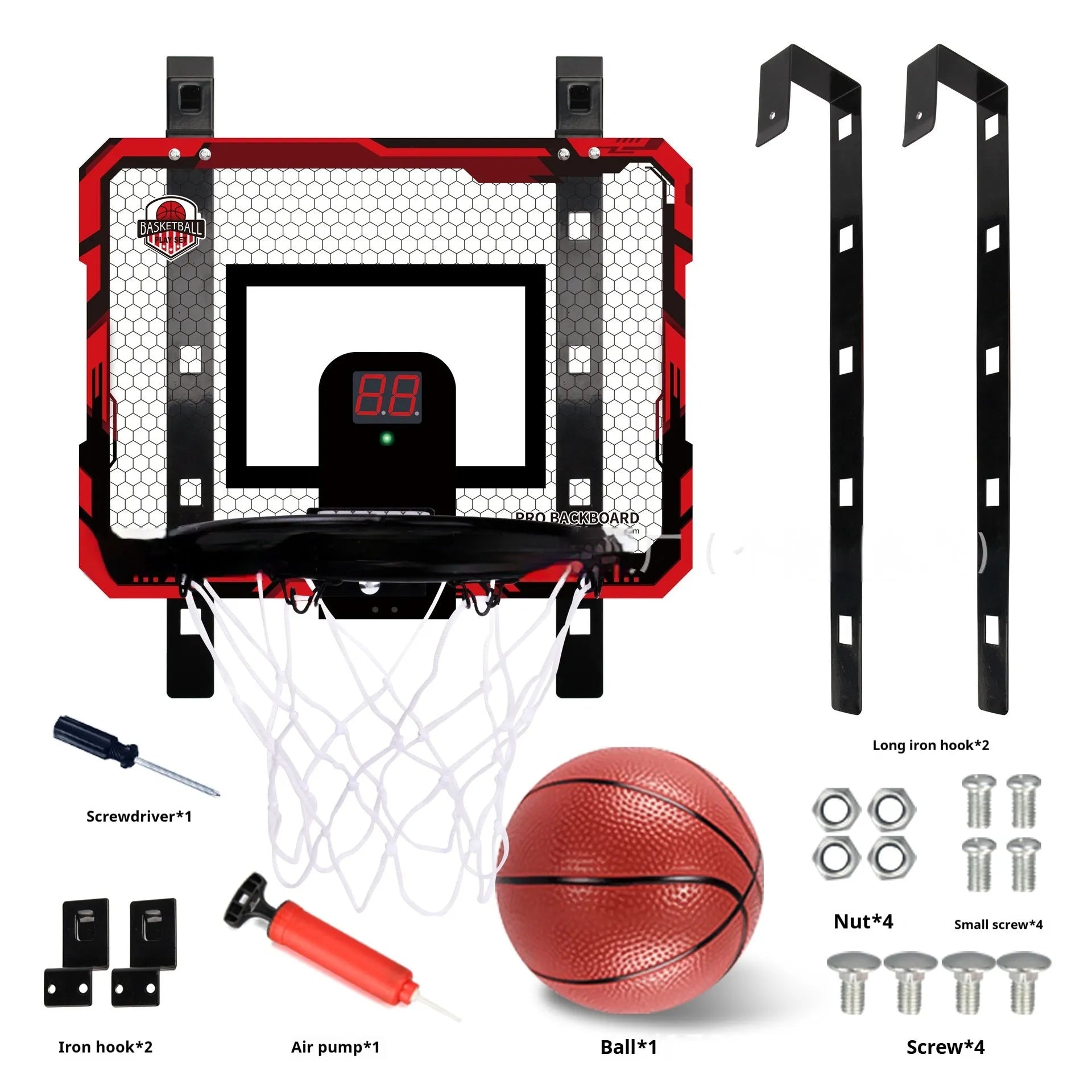 Red and blue folding indoor basketball frame with suction cups mounted on a door, showing dunking action.