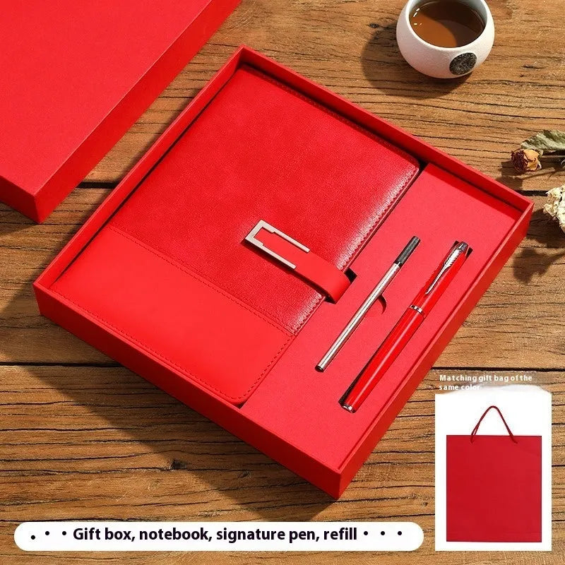 A5 business notebook with PU leather cover in brown, black, green, blue, or red, alongside a luxury gift box.
