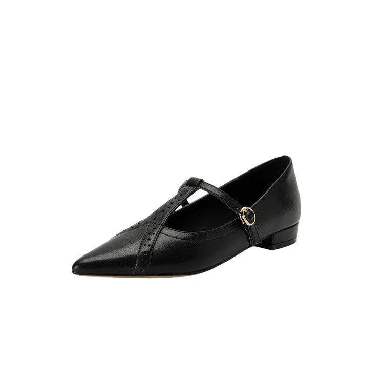 Brown pointed low-cut flat shoes with cowhide leather upper and metal decorative details