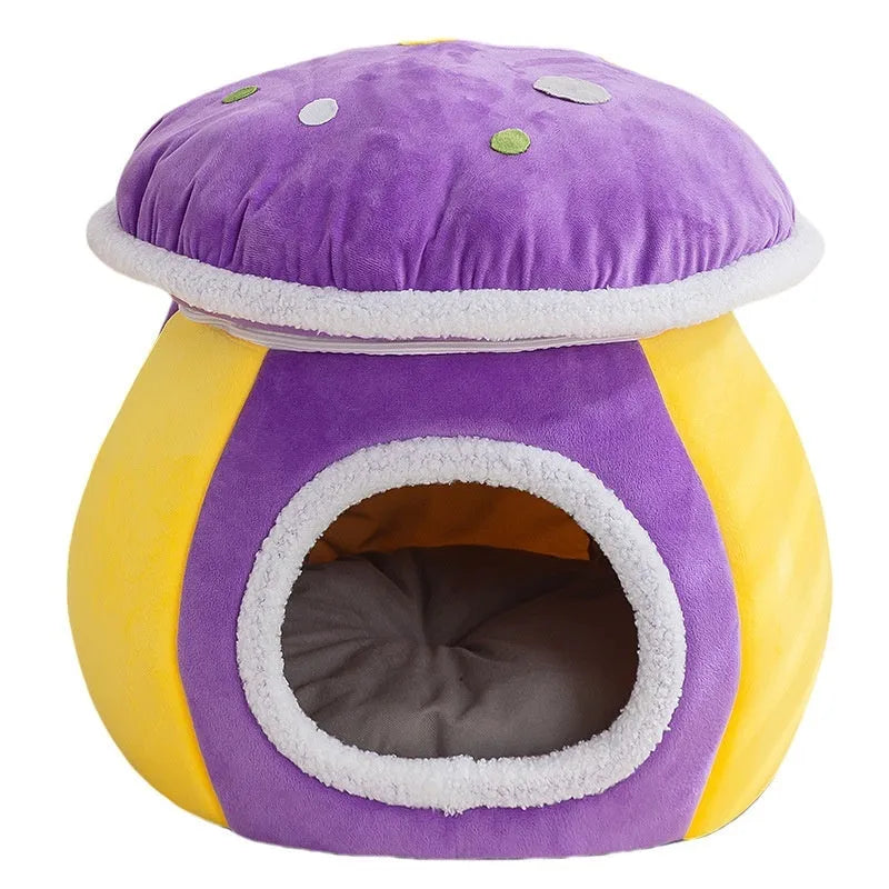 Mushroom-shaped cat bed in rabbit plush material showing grey, pink and purple colour options