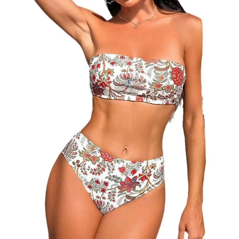 Women's printed bandeau swimsuit triangle bikini set with matching shorts for beach swimming