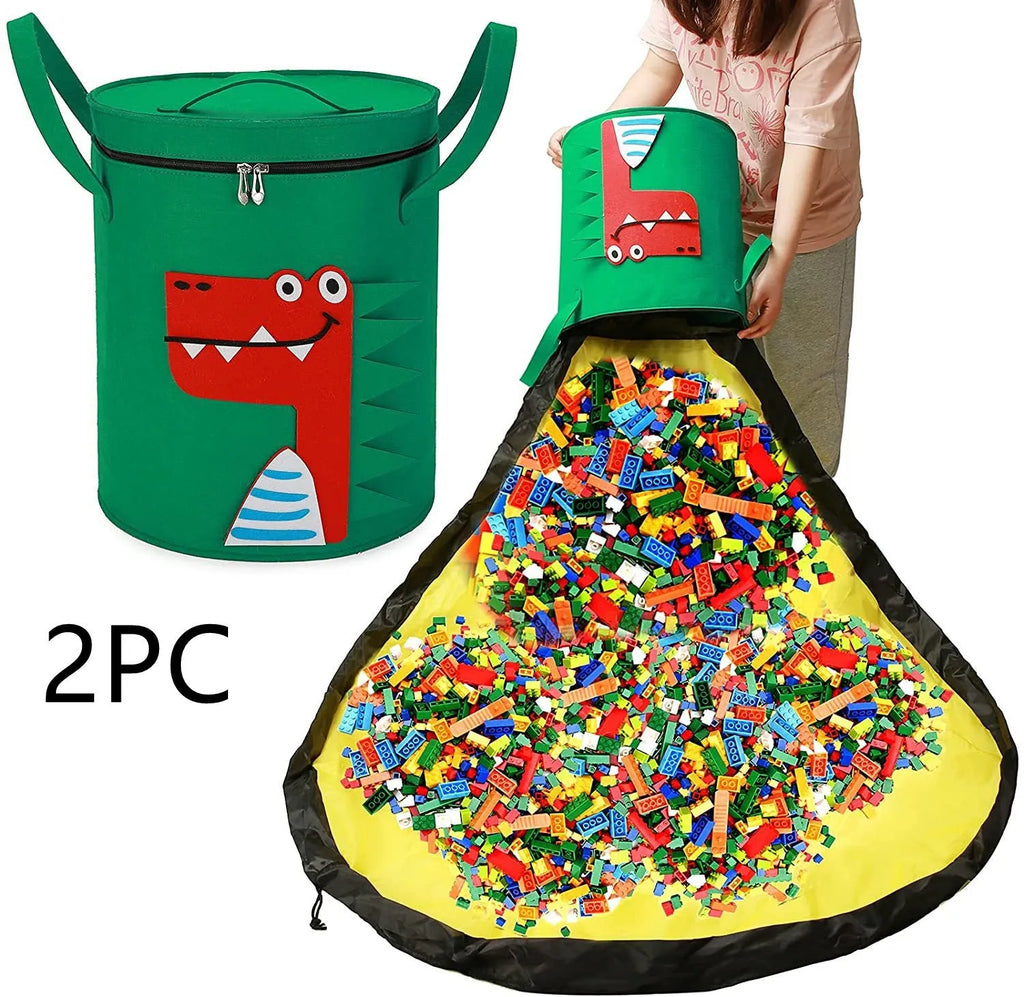 Green felt cube storage bag with pull rope closure, shown open flat as a play mat.