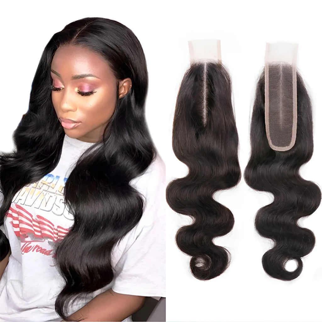 Straight natural colour human hair wig on a model, showcasing the hand-woven lace front and long length.