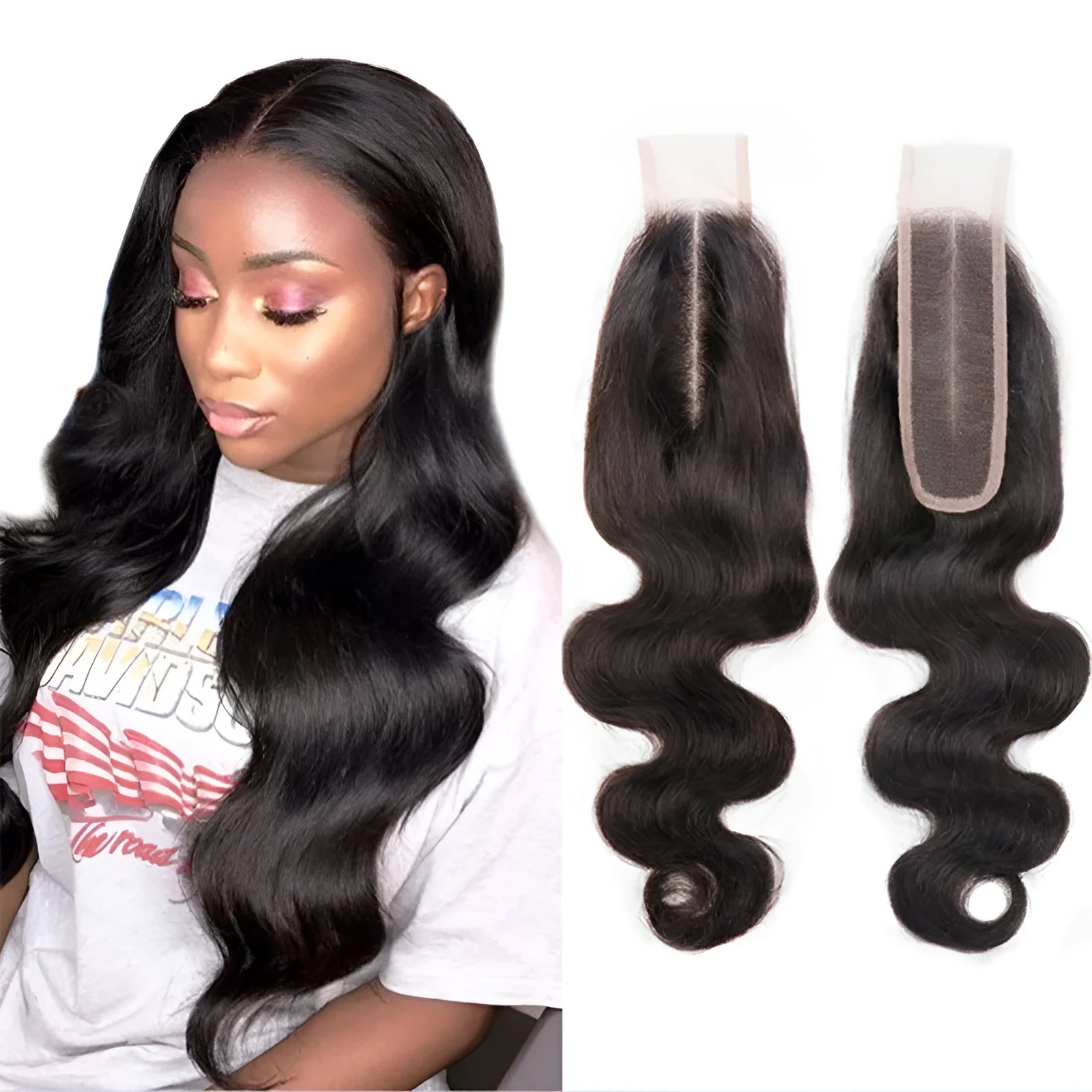 Straight natural colour human hair wig on a model, showcasing the hand-woven lace front and long length.