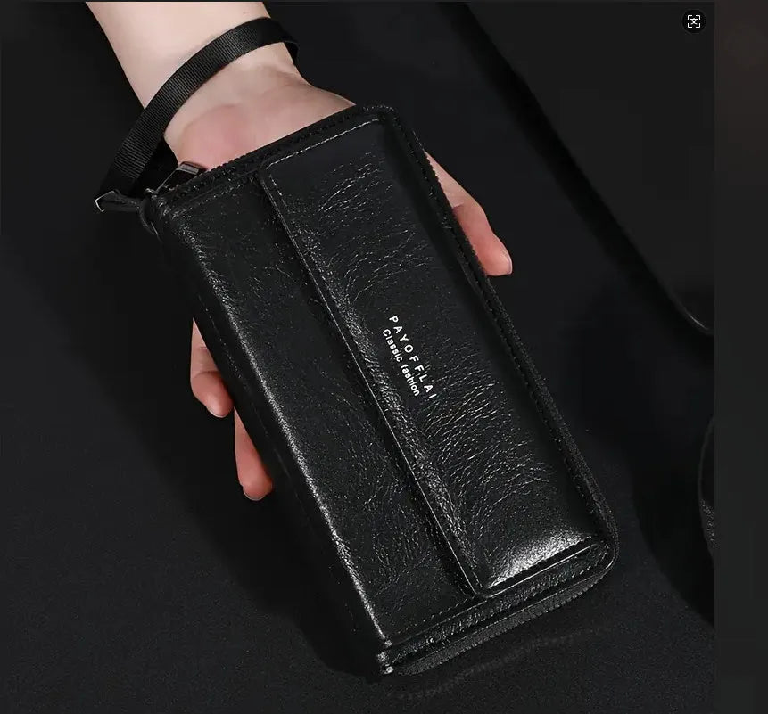 Men's black PU leather long wallet showing multiple card slots, placed next to a brown colour option.