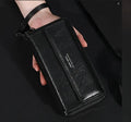 Men's black PU leather long wallet showing multiple card slots, placed next to a brown colour option.