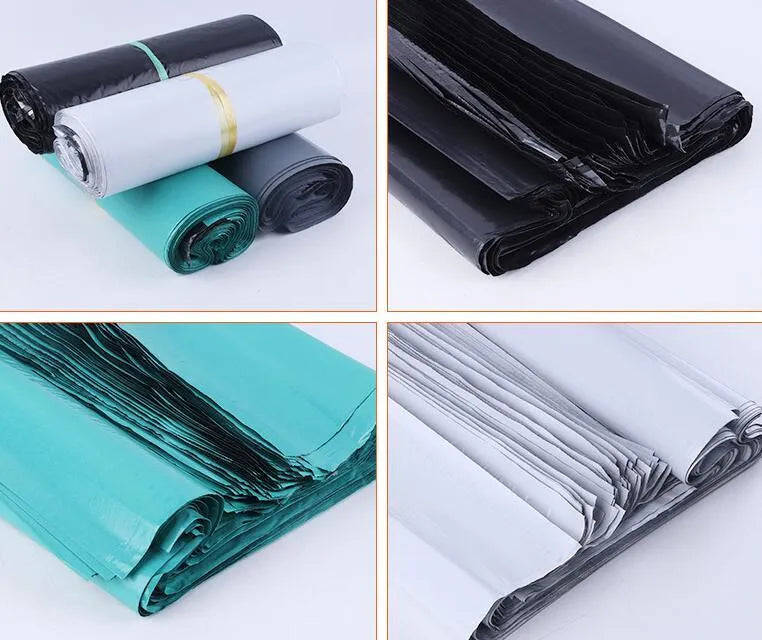 Bundle of 100 clear PE plastic courier clothing bags in multiple sizes with adhesive sticker seals.