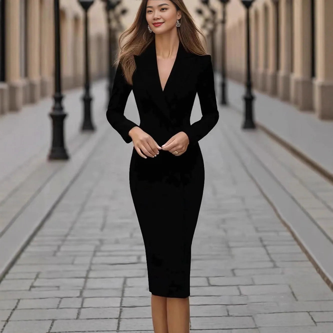 Women's single-breasted long sleeve coat dress in polyester, shown in black, navy, white, or wine red.