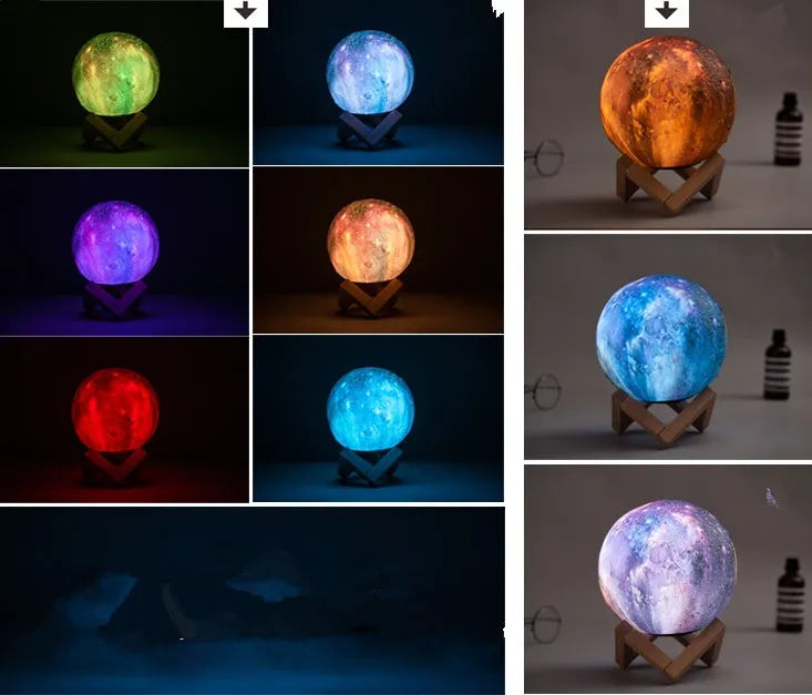 3D printed spherical lunar night light on a table showing colour-changing LED illumination.
