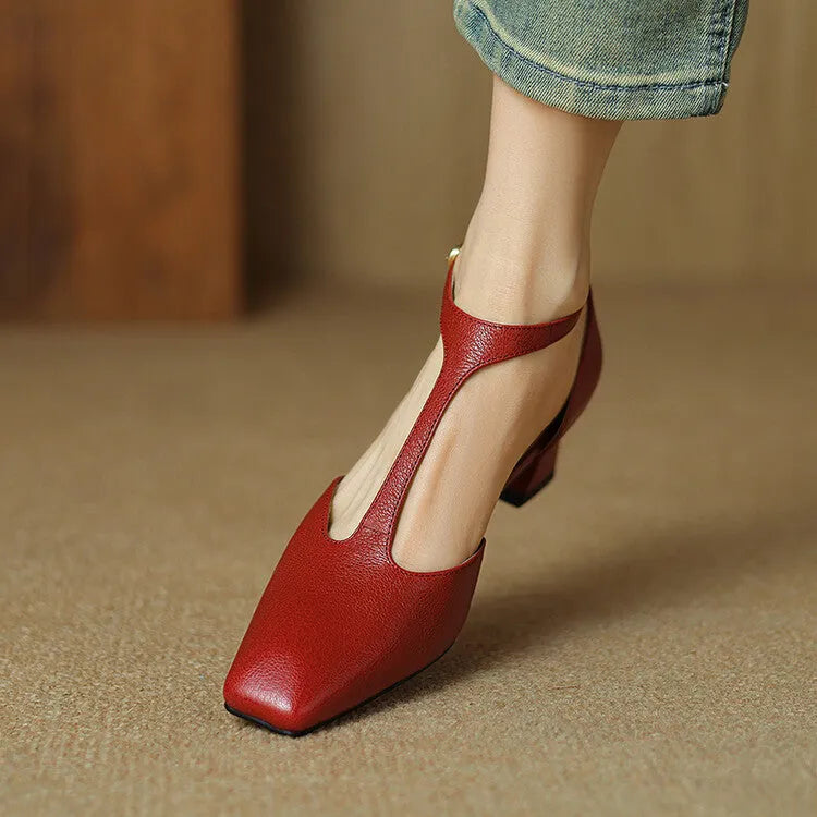 Wine red sheepskin leather square toe chunky heel shoes with buckle closure