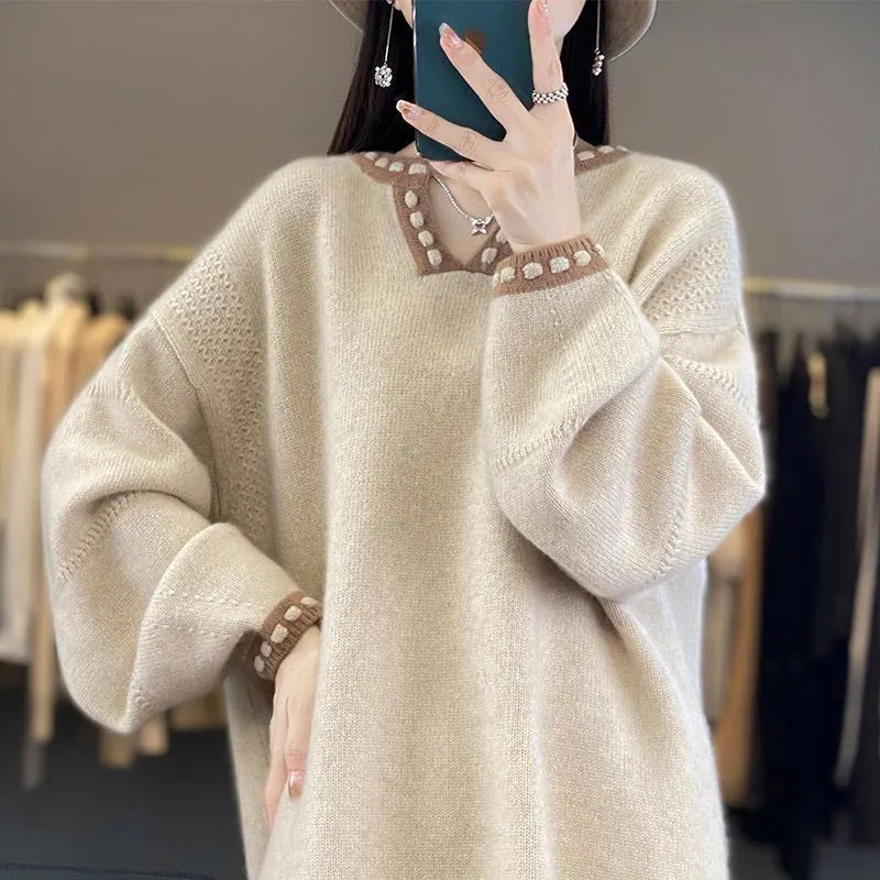 Women's camel coloured V-neck viscose fibre sweater with long sleeves
