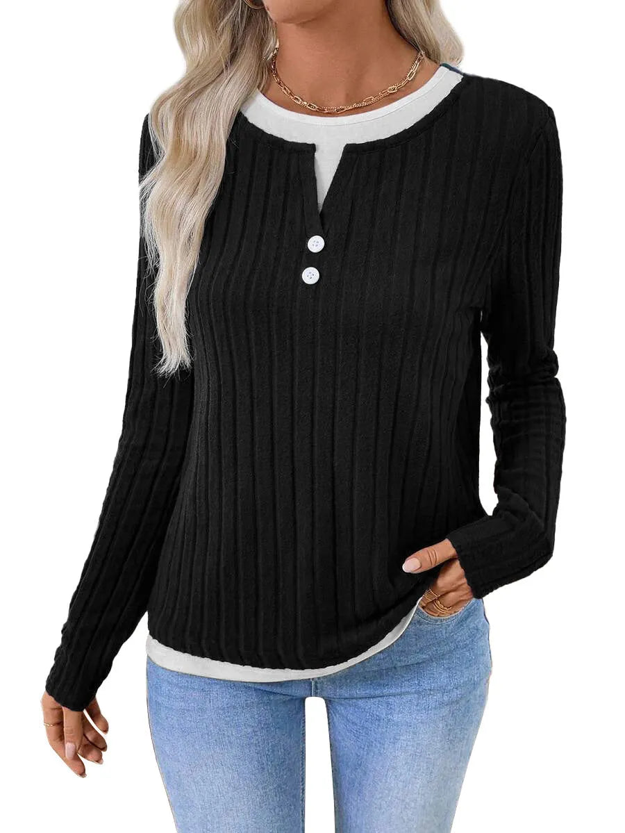 Women's black fake two-piece button pullover sweater with concave stripe texture and long sleeves