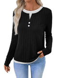 Women's black fake two-piece button pullover sweater with concave stripe texture and long sleeves