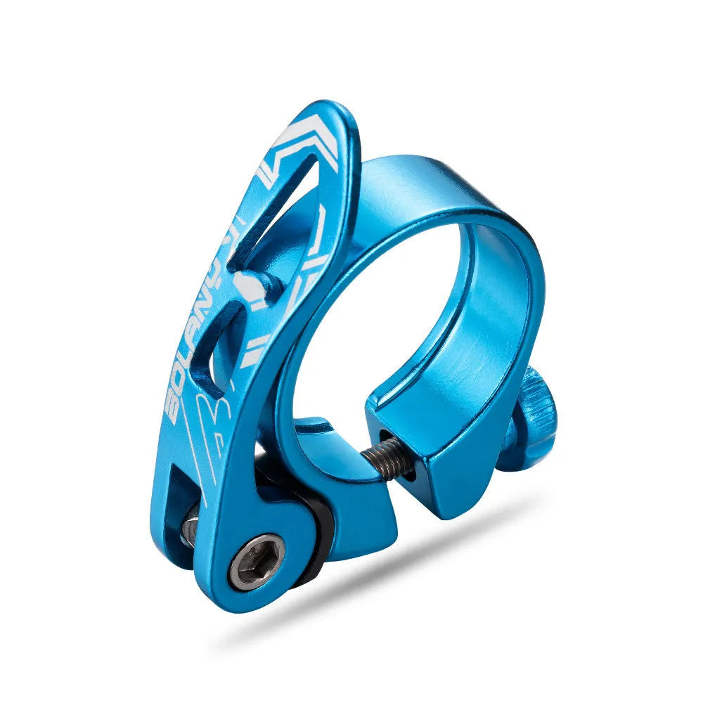 Aluminium alloy bicycle seat post clamp in black, blue, gold, or red, showing 31.8mm and 34.9mm size options.