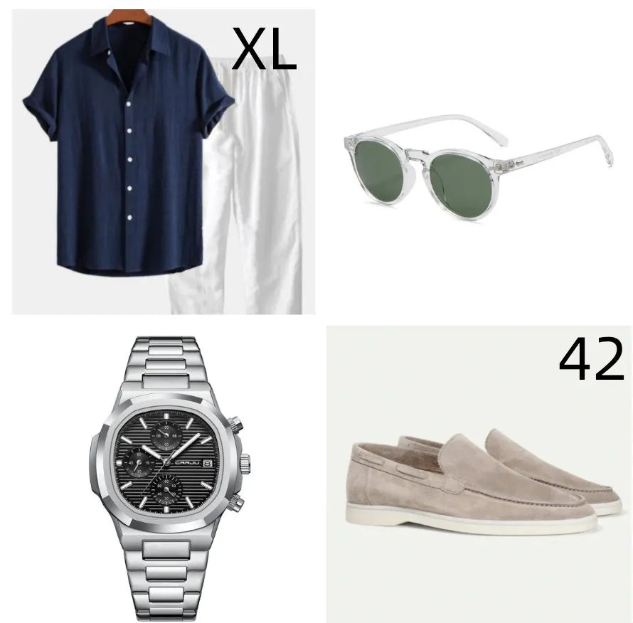 Casual cotton linen short sleeve suit in navy blue with matching accessories including glasses, shoes and watch