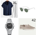 Casual cotton linen short sleeve suit in navy blue with matching accessories including glasses, shoes and watch