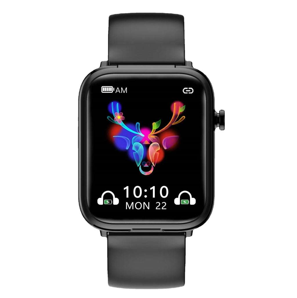Black smartwatch with Bluetooth earbuds and charging case on a 1.69-inch touchscreen display.