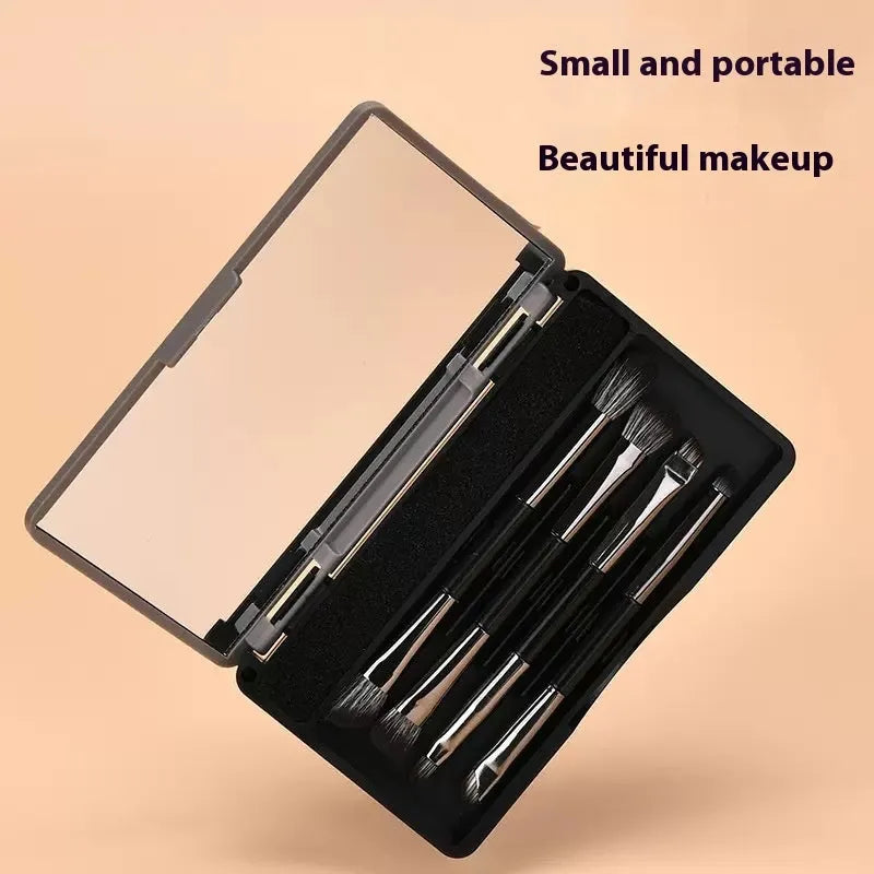 Silver and gold portable makeup brush sets with mirror case open showing eyeshadow brushes.