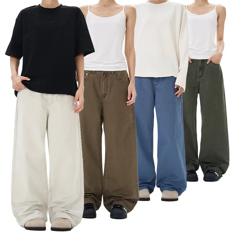 Men's stone-washed straight-leg casual pants in army green with zipper fly and loose fit