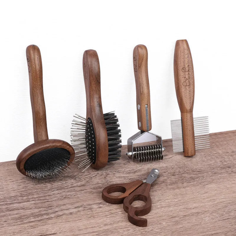 Wooden pet grooming set with comb, rake comb, and nail clippers in storage bucket