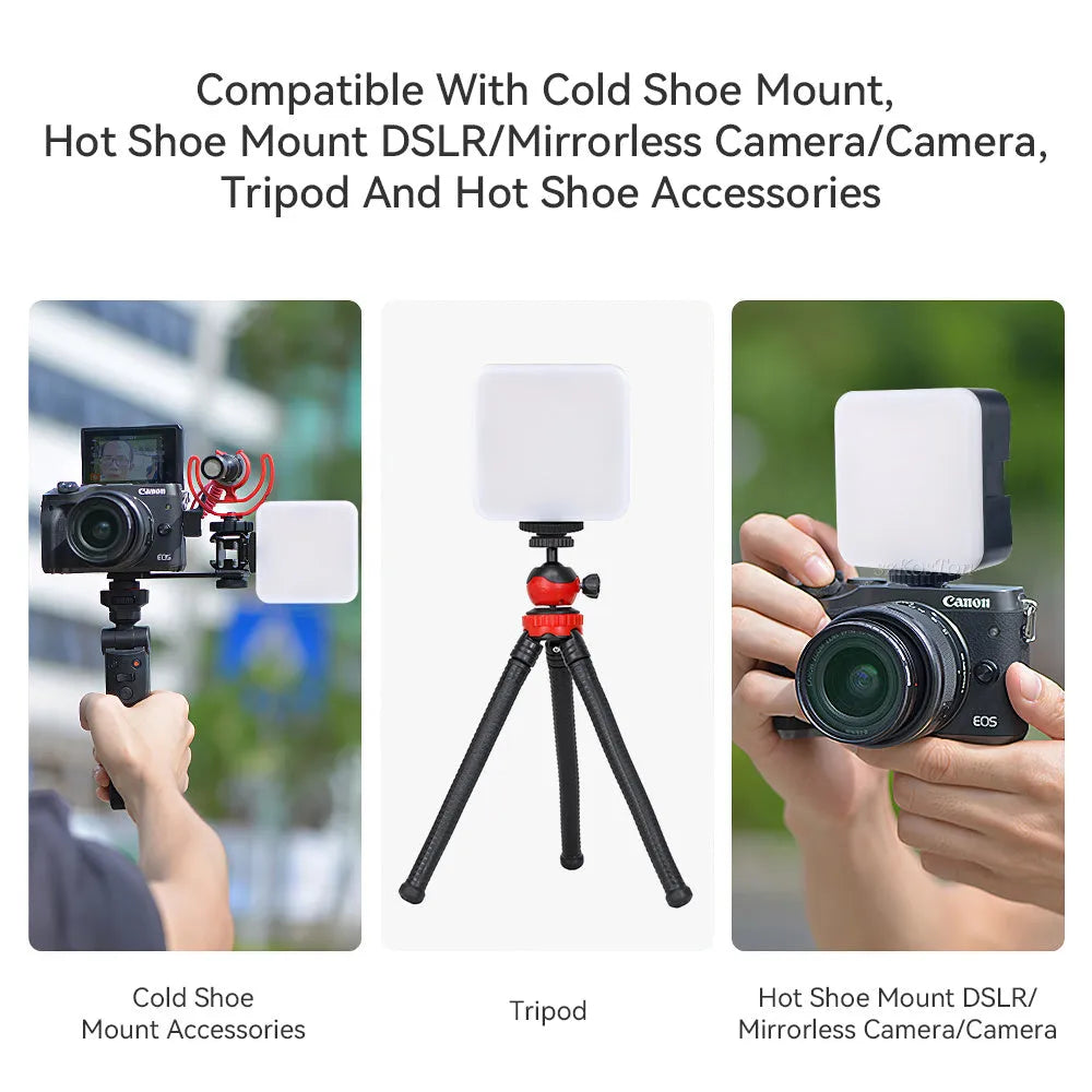 Square pocket-sized camera flash tripod light with rotatable head showing compact dimensions