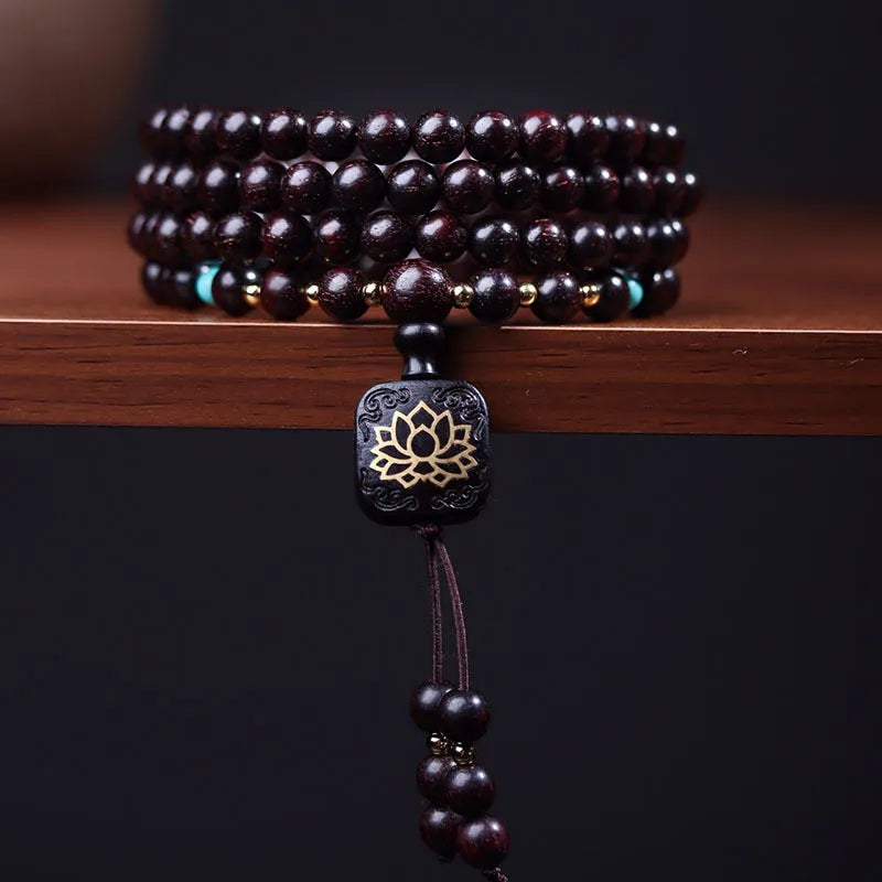 Zambia rosewood Buddha beads DIY bracelet with flat lotus pendant and 108 wooden beads