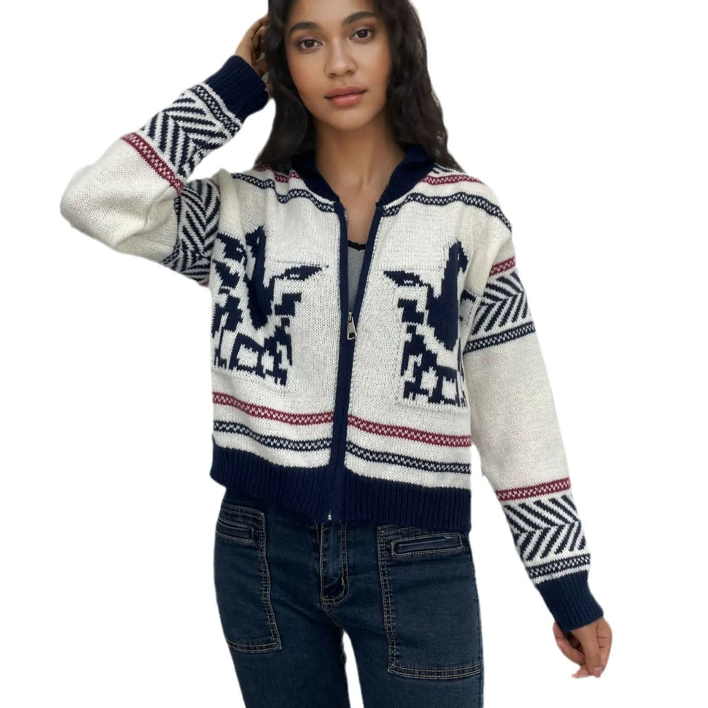 White women's short zip cardigan with lapel collar and contrast jacquard stripe pattern.