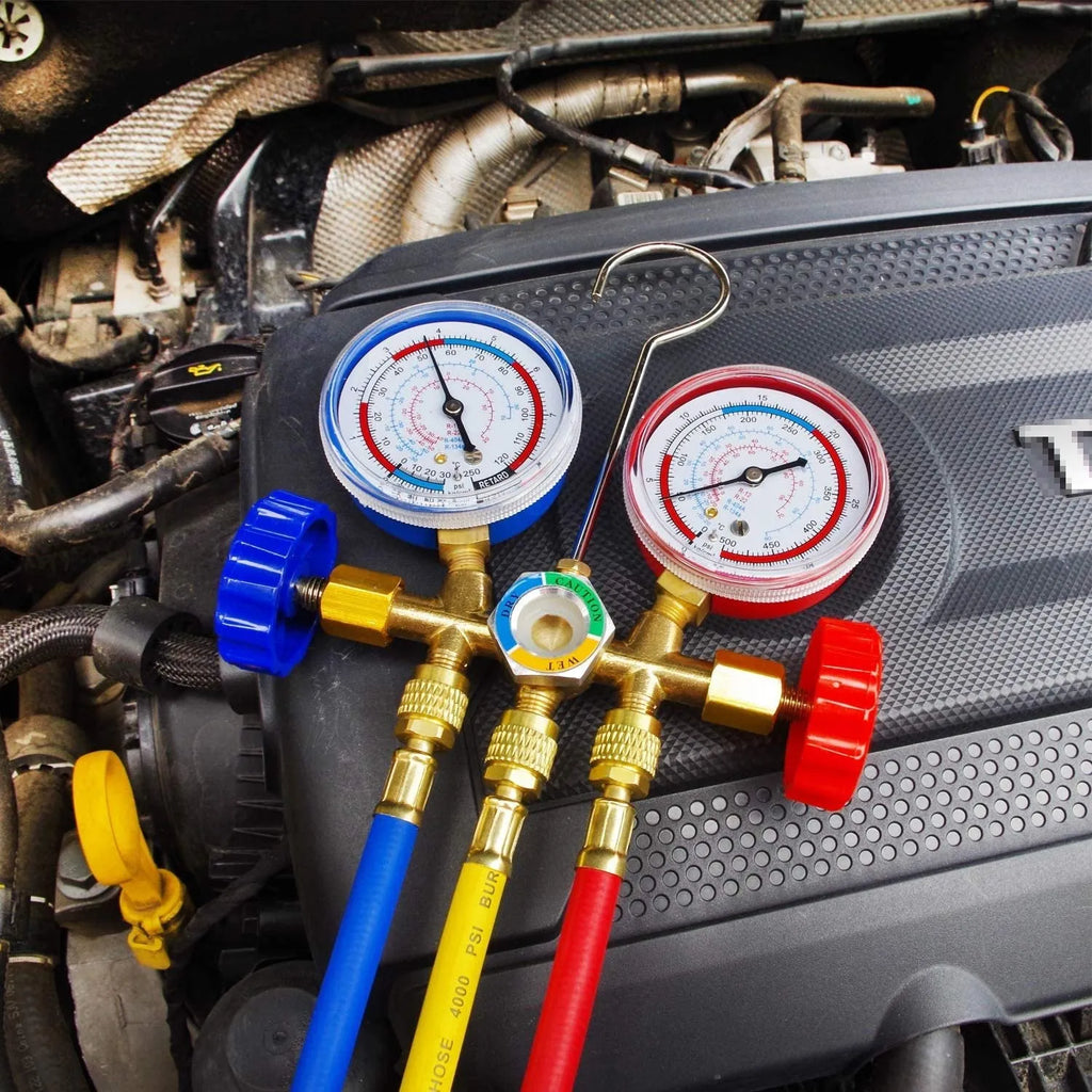 Refrigerant instrument cluster with hose hook, 7cm brass manifold, yellow and red colour-coded valves
