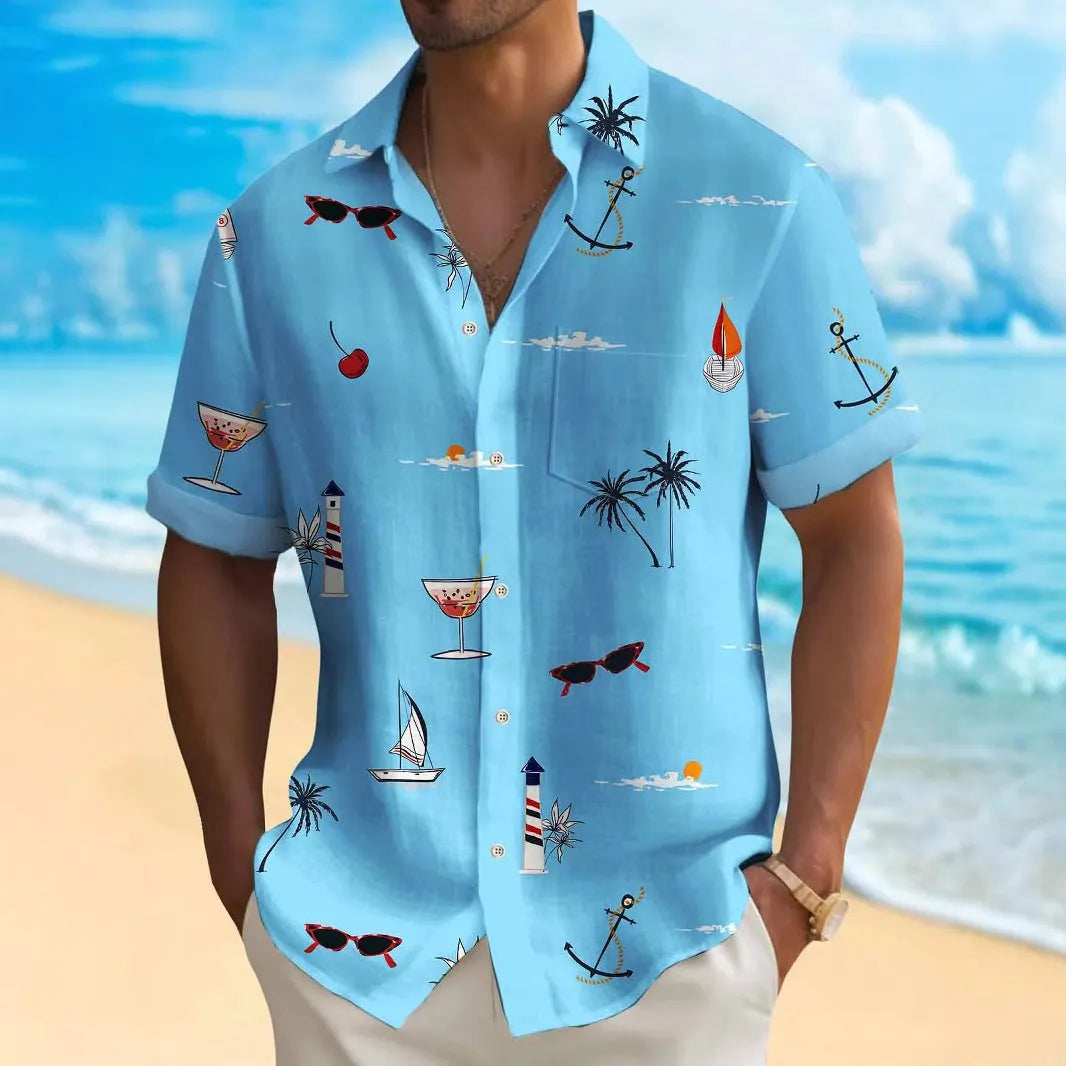 Men's loose fit Hawaiian patterned shirt with digital printing short sleeves