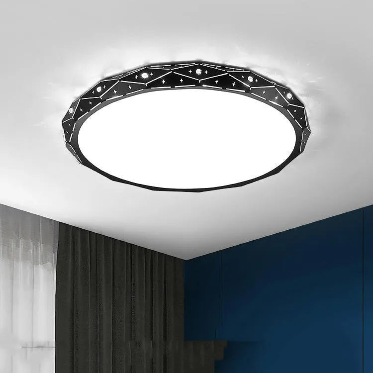 Round LED ceiling light with black iron frame and dimmable function for room illumination.