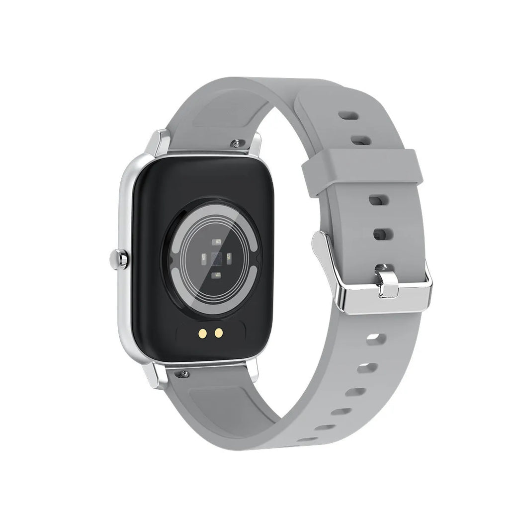 H80 black sports smart watch with 1.69-inch touchscreen on a silicone strap, displaying heart rate data.