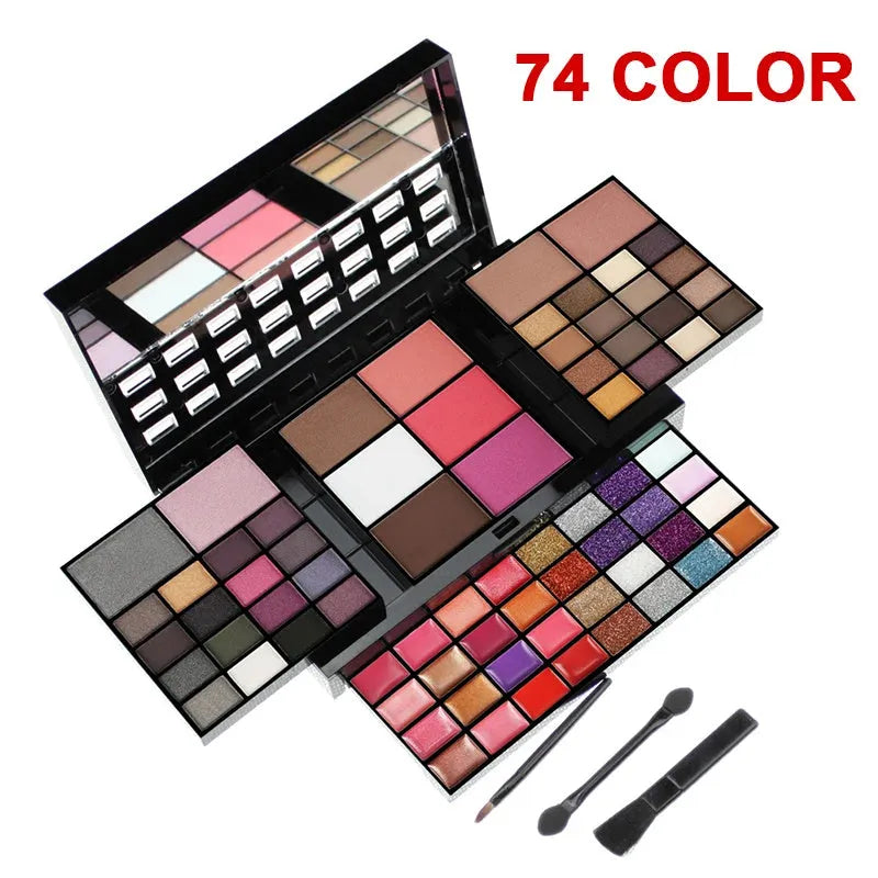 74 colour makeup combination palette open showing four layers of eyeshadows, lip glosses, and face powders with applicators