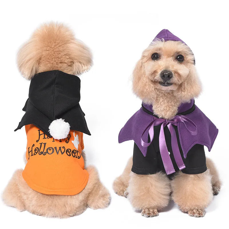Black and orange pumpkin themed two-piece sweater and shawl dog clothes in cotton material