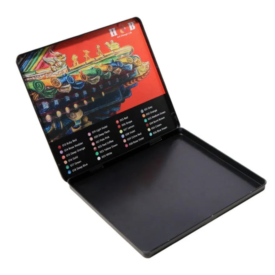 Water-soluble coloured pencils in 24 colours inside a brush iron metal box