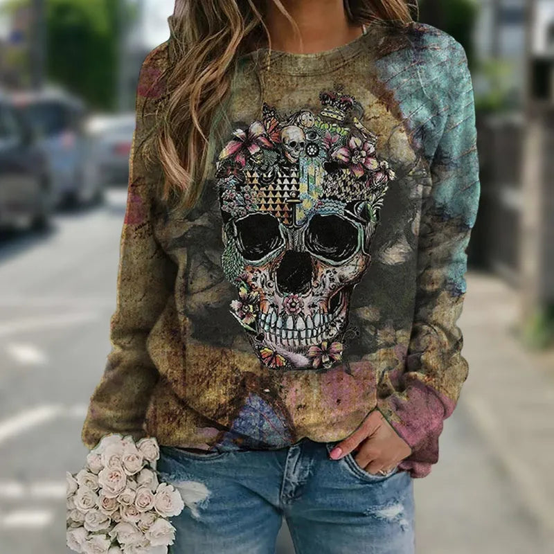 Black long sleeve mens sweatshirt with a white skull graphic print on the chest.