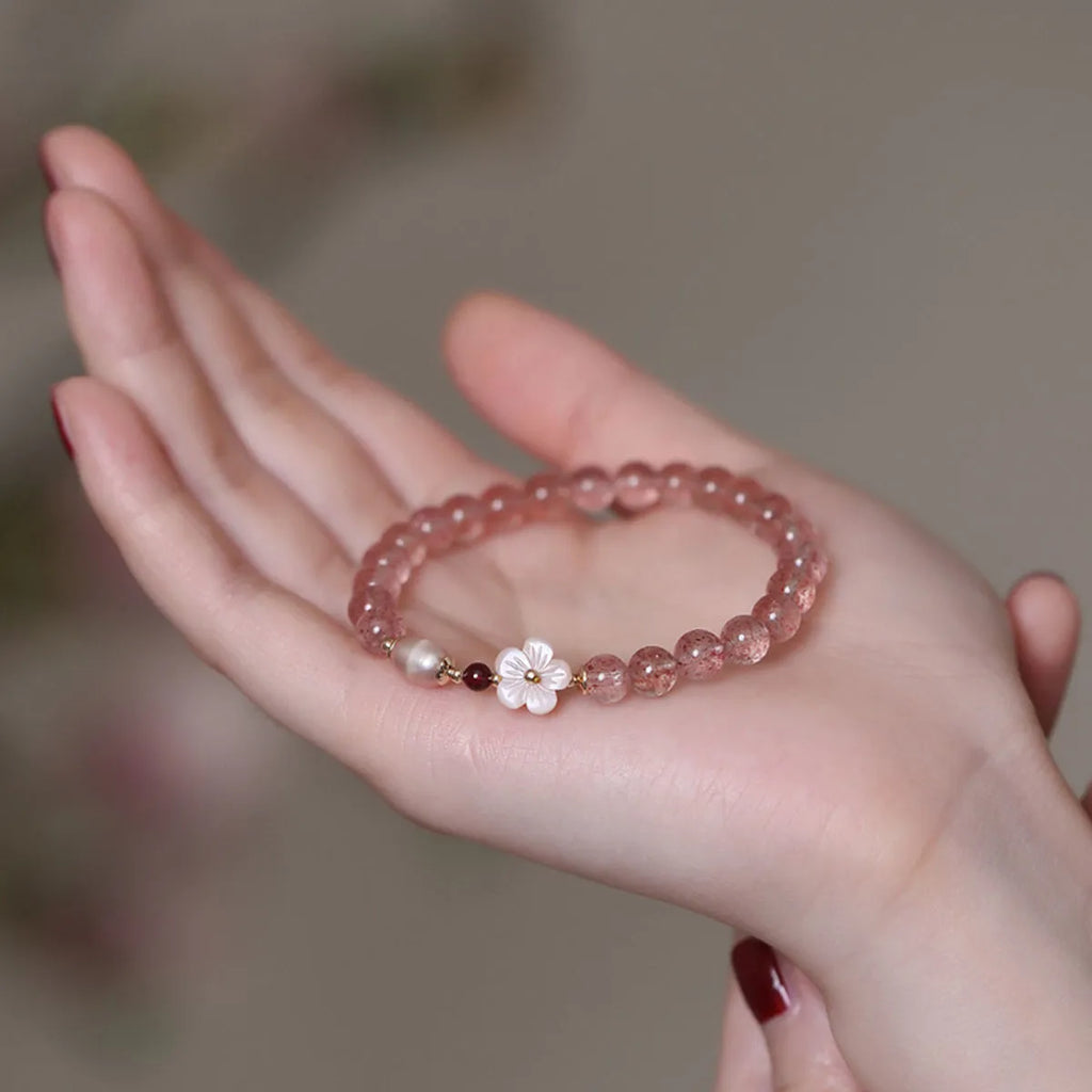 Strawberry quartz crystal bracelet with peach blossom flower design for women