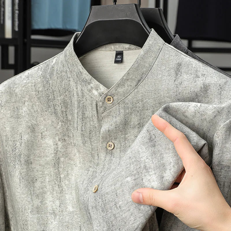 Men's loose fit linen-style shirt with stand collar in viscose blend fabric