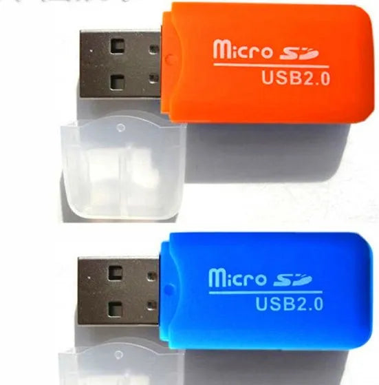 Mini USB TF memory card reader with SD card transfer adapter on a white background
