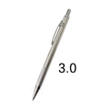 A metal automatic mechanical pencil with multiple lead size options including 0.5mm, 0.7mm, 0.9mm, 1.3mm, and 2.0mm.