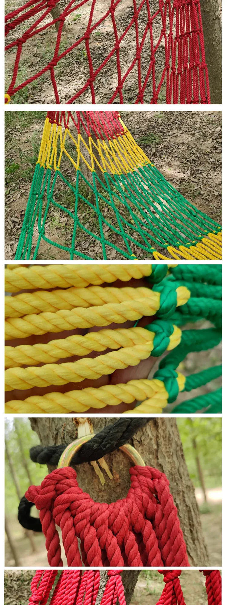Outdoor nylon rope mesh hammock with tying materials