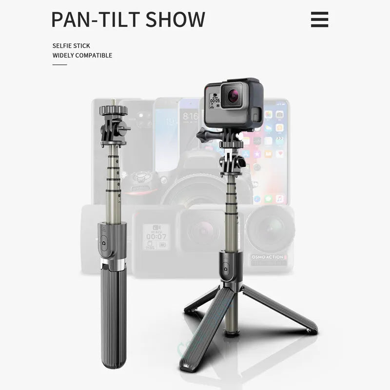 Black tripod selfie stick compatible with Apple iPhone, extended to 700mm, on tabletop