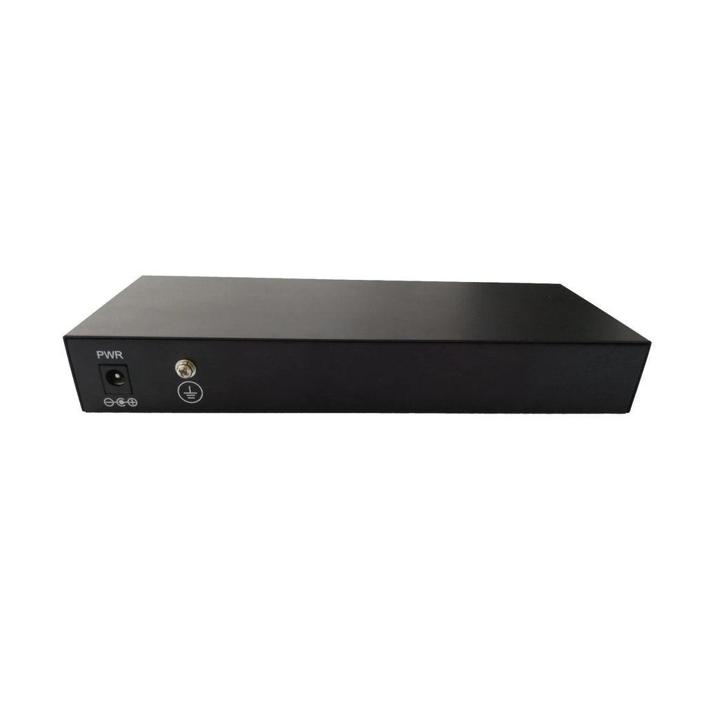 8+2 port 100M POE switch with 48V external power adapter, RJ45 ports, and LED indicators on a dark chassis