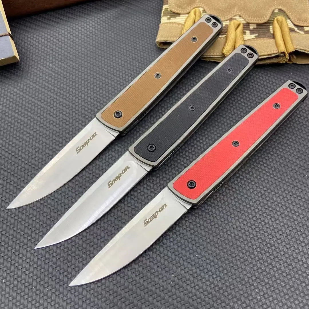 Folding fruit knife with stainless steel blade in black, coffee or red colour options showing extended and folded positions