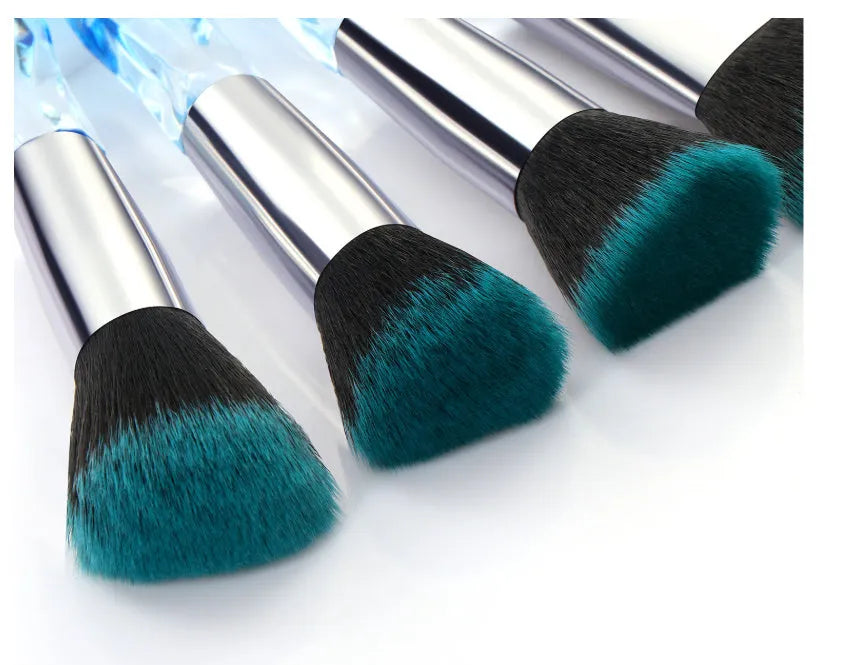10 crystal handle foundation brushes with artificial fibre bristles in black blue red yellow colours