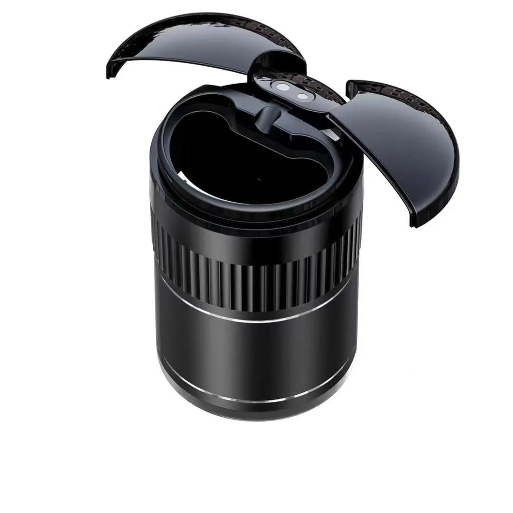 Black metal smart car ashtray with lid showing compact 113mm size