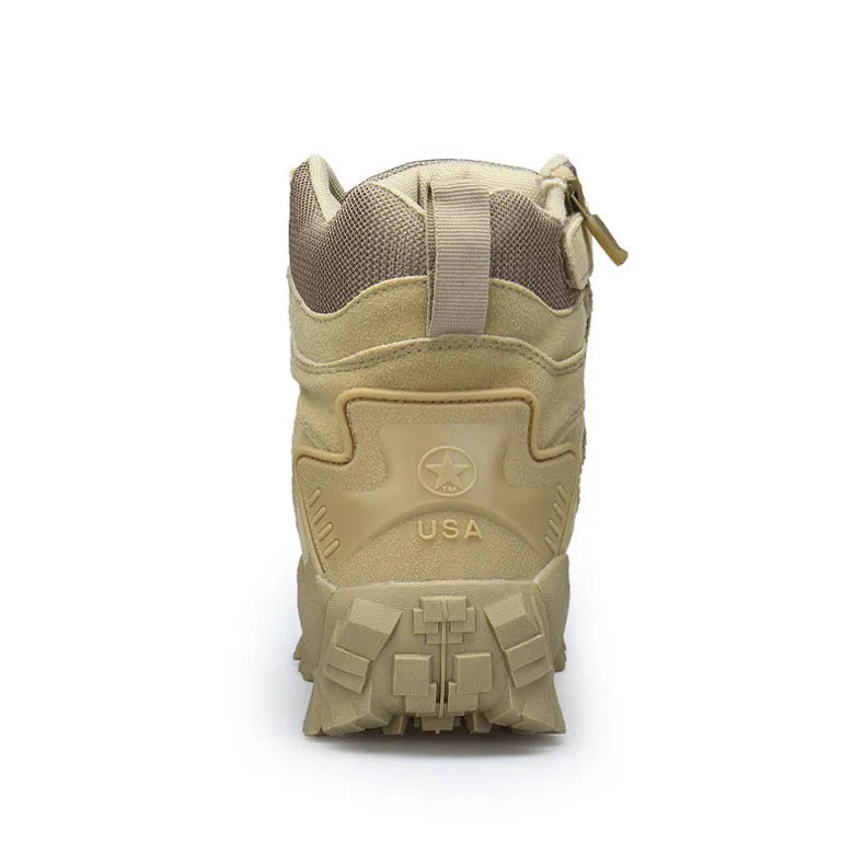 Men's black tactical boot with rubber sole on rocky outdoor ground
