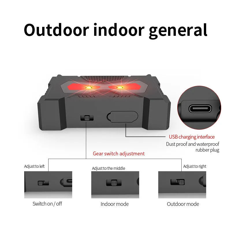 Black solar-powered outdoor ultrasonic animal repeller with charging cable