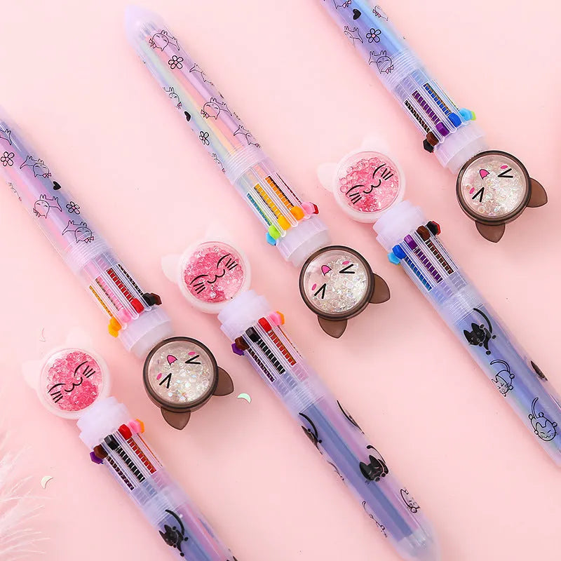 Cute cat design mechanical pencil with 10-colour refills showing 0.5mm tip and press mechanism